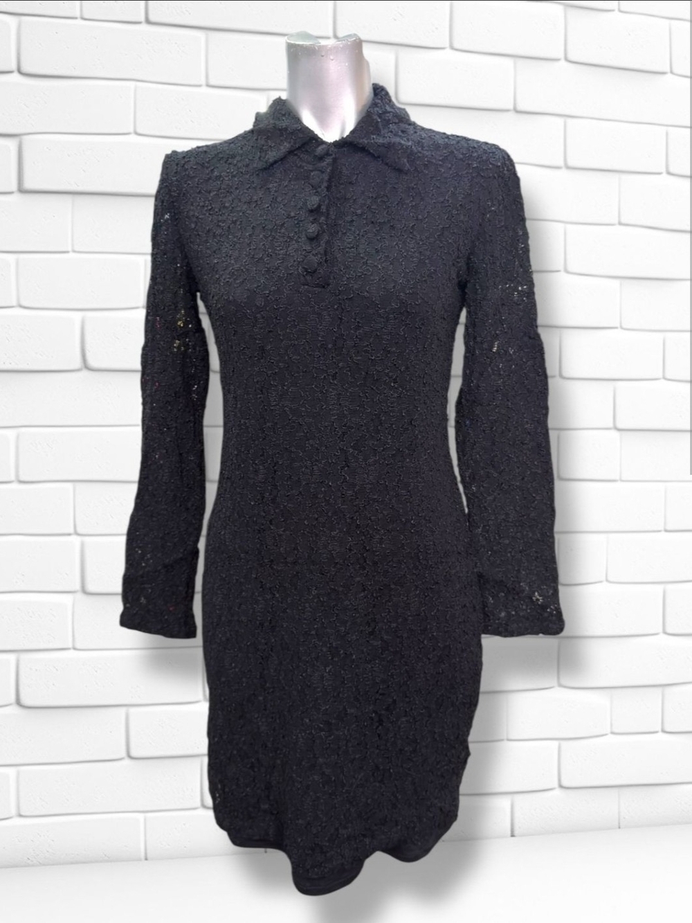 H&M Black Long-Sleeve Textured Polo Collar Dress